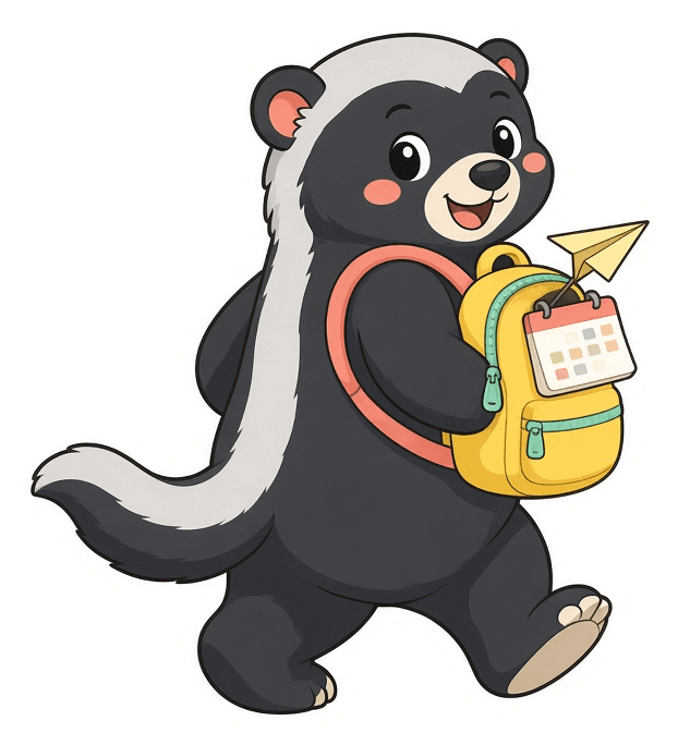 Henry the honey badger setting off with his backpack, ready to help with everything on your list